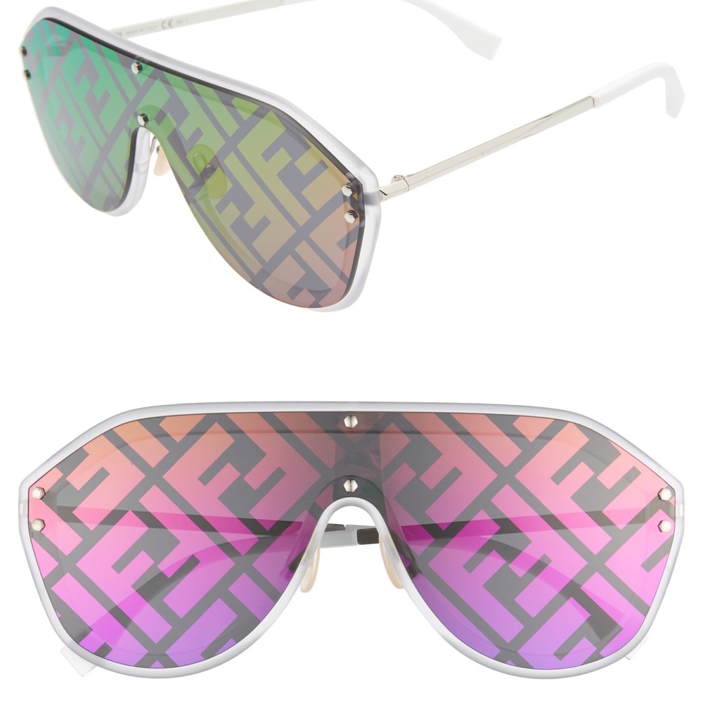 FENDI
Women's Fendi 147mm Logo Lens Shield Sunglasses - Silver/ Purple/ Rainbow